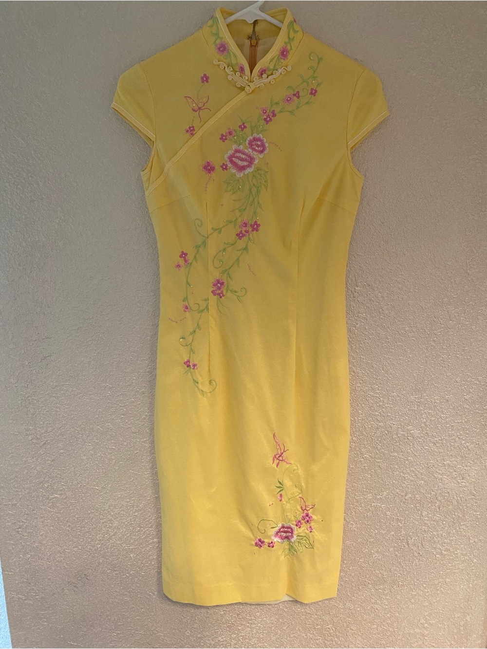 Vintage Yellow Floral Embroidered Cheongsam Dress